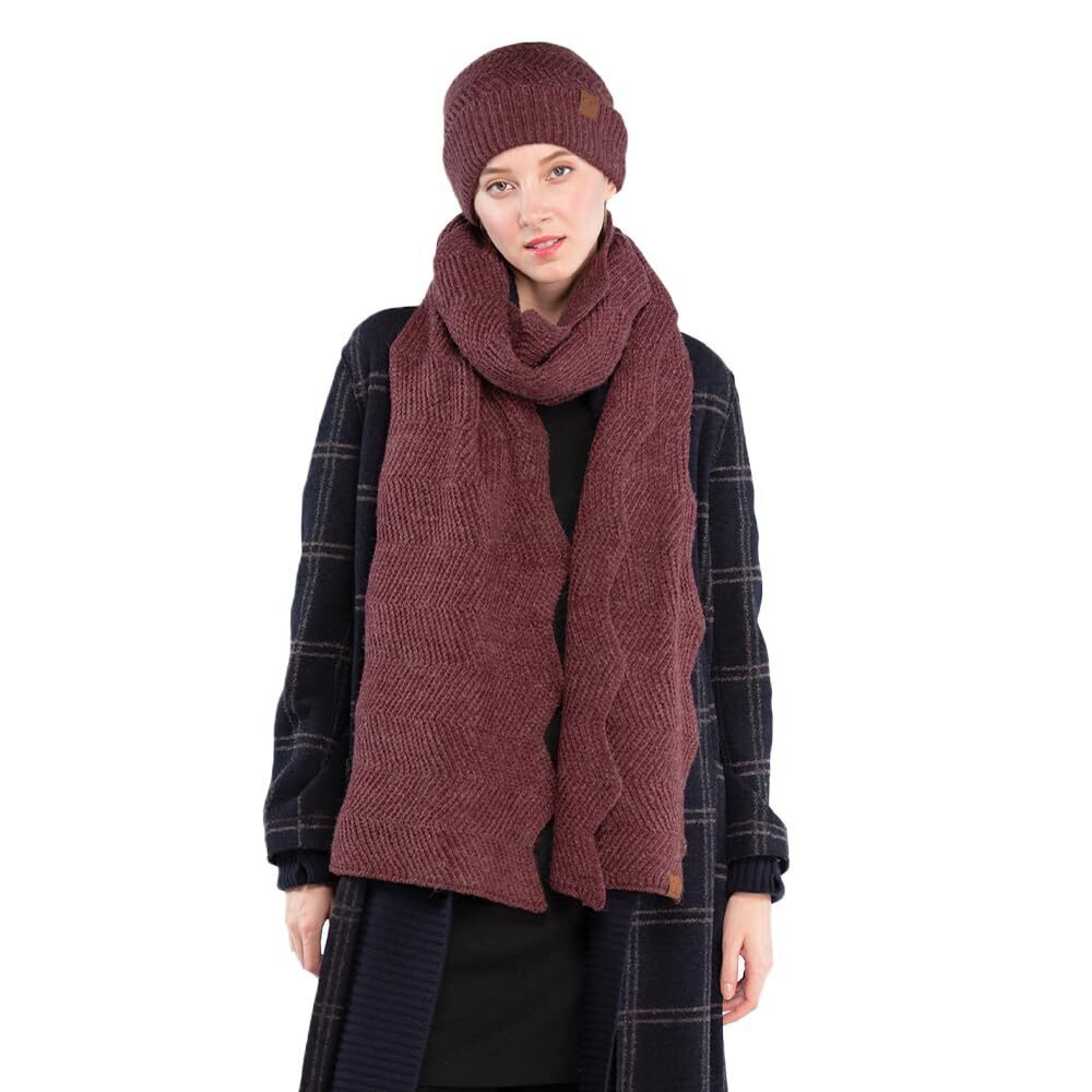 5351 Winter Knit Beanie Hat and Scarf Set, Chevron Pattern, Warm Cozy